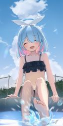 Rule 34 | 1girl, ^ ^, arona (blue archive), bare arms, bare legs, bare shoulders, barefoot, bikini, black bikini, blue archive, blue hair, blue sky, blush, bow hairband, braid, closed eyes, closed mouth, cloud, colored inner hair, day, facing viewer, fence, foot out of frame, frilled bikini, frills, hairband, halo, highres, may9, multicolored hair, navel, open mouth, outdoors, pink hair, short hair, signature, sitting, sky, smile, solo, splashing, stomach, swimsuit, toes, two-tone hair, water, water drop, white hairband