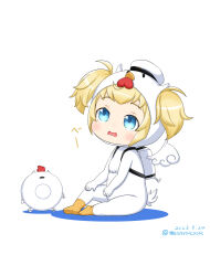 Rule 34 | abyssal ship, blonde hair, blue eyes, bodysuit, chicken costume, dated, enemy lifebuoy (kancolle), gambier bay (kancolle), kantai collection, long hair, looking up, masara (chuujou), simple background, twintails, twitter username, white background, white bodysuit, white headwear, winged bag, yellow footwear
