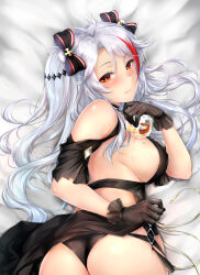 Rule 34 | alcohol, antenna hair, azur lane, black dress, black gloves, black panties, blush, bow, breasts, clothes lift, clothing cutout, cognac, cross, dakimakura (medium), dress, gloves, iron blood (emblem), iron cross, large breasts, lifted by self, liquor, long hair, looking at viewer, looking back, mole, mole on breast, multicolored bow, multicolored hair, panties, prinz eugen (azur lane), prinz eugen (cordial cornflower) (azur lane), red hair, rei kun, shoulder cutout, sideboob, smile, solo, two side up, underboob cutout, underwear