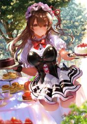 Rule 34 | 1girl, blush, bow, bowtie, breasts, brown eyes, brown hair, cake, character name, copyright notice, day, dress, food, fruit, girl cafe gun, hair between eyes, hair ornament, hair ribbon, highres, hitaki yuu, holding, holding tray, irene (girl cafe gun), large breasts, long hair, maid, maid headdress, one side up, outdoors, puffy short sleeves, puffy sleeves, red bow, red bowtie, ribbon, short sleeves, sidelocks, solo, strawberry, thighhighs, tray, tree, watermark, white thighhighs, wrist cuffs, x hair ornament