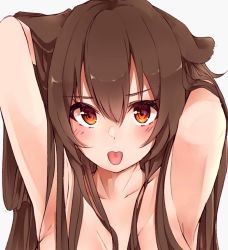 Rule 34 | 1girl, :p, animal ears, arm up, blush, breasts, brown eyes, brown hair, collarbone, commentary request, dog ears, dog girl, hair between eyes, hands in hair, hololive, inugami korone, long hair, looking at viewer, medium breasts, solo, techi (siro-white 0803), tongue, tongue out, upper body, virtual youtuber, white background