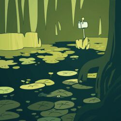 alligator animal crocodilian forest grass green_theme green_water jungle landscape lily_pad mailbox_(incoming_mail) mellific monochrome nature no_humans original outdoors partially_submerged plant plant_roots pond scenery slit_pupils tree water wetland yellow_eyes