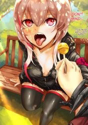 Rule 34 | 1boy, 1girl, arm grab, blonde hair, breasts, candy, collarbone, commander (girls&#039; frontline), english text, fangs, food, girls&#039; frontline, griffin &amp; kryuger military uniform, holding another&#039;s wrist, jacket, lollipop, long hair, m4 sopmod ii (girls&#039; frontline), medium breasts, multicolored hair, no bra, open clothes, open jacket, open mouth, pleated skirt, pov, red eyes, red hair, saliva, saliva trail, sidelocks, skindentation, skirt, streaked hair, thighhighs, tongue, tongue out, velminth, zettai ryouiki