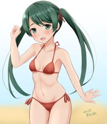 Rule 34 | 1girl, ame-san, bikini, breasts, commentary request, cowboy shot, dated, gradient background, green background, green eyes, green hair, halterneck, highres, kantai collection, long hair, looking at viewer, mikuma (kancolle), one-hour drawing challenge, red bikini, revision, side-tie bikini bottom, small breasts, smile, solo, string bikini, swimsuit, twintails, twitter username, white background