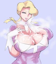 Rule 34 | 1girl, blonde hair, blue eyes, breasts, cleavage, creatures (company), cum, cum on body, cum on breasts, cum on upper body, detached collar, female focus, game freak, glacia (pokemon), gloves, half-closed eyes, hand on own chest, hand on own face, highres, huge breasts, lipstick, makeup, nintendo, pink lips, pokemon, pokemon oras, steam, upper body, uya (yurukah)