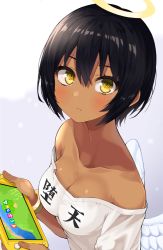 Rule 34 | 1girl, :&lt;, angel, angel wings, animal crossing, bangle, black hair, blush, bracelet, breasts, cleavage, closed mouth, clothes writing, collarbone, dark-skinned female, dark skin, feathered wings, from side, gomashi (goma), halo, jewelry, looking at viewer, looking to the side, medium breasts, nintendo, nintendo switch, off-shoulder shirt, off shoulder, original, playing games, shirt, short hair, short sleeves, solo, upper body, white shirt, white wings, wings, yellow eyes