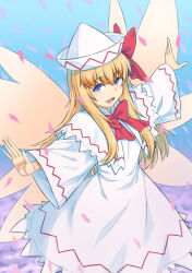 Rule 34 | 1girl, :d, blonde hair, blue background, blue eyes, bow, bowtie, breasts, capelet, cherry blossoms, dress, fairy wings, falling petals, from above, hair between eyes, hat, highres, kakone, lily white, long hair, long sleeves, medium breasts, open mouth, outstretched arms, petals, red bow, red bowtie, rose petals, simple background, smile, solo, touhou, upturned eyes, white dress, wide sleeves, wings