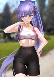 Rule 34 | 1girl, :d, alternate costume, arm up, bare shoulders, bike shorts, blue bow, blue eyes, blurry, blurry background, blush, bow, breasts, breasts apart, collarbone, cowboy shot, day, depth of field, fate/grand order, fate (series), gluteal fold, hair bow, hand on own hip, high-waist shorts, high ponytail, kesoshirou, long hair, looking at viewer, meltryllis (fate), narrow waist, open mouth, outdoors, ponytail, purple hair, shorts, small breasts, smile, solo, sports bra, steaming body, sweat, thigh gap, very long hair