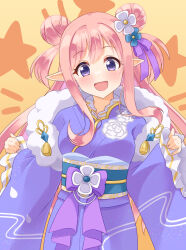 Rule 34 | 1girl, :d, alternate costume, blush, bow, breasts, double bun, eyebrows hidden by hair, floral print, hair between eyes, hair bun, hair ornament, hair ribbon, happy, hatsune (new year) (princess connect!), hatsune (princess connect!), highres, japanese clothes, kimono, lace-trimmed collar, lace-trimmed sleeves, lace trim, large breasts, long hair, long sleeves, looking at viewer, mukanata, new year, obi, open mouth, pink hair, princess connect!, purple bow, purple eyes, purple kimono, ribbon, sash, sidelocks, simple background, smile, solo, standing, two side up, wide sleeves, yukata