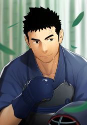 Rule 34 | 1boy, bamboo, bamboo forest, bara, black hair, blurry, blurry background, collarbone, forest, itto (mentaiko), japanese clothes, kimono, leaf, falling leaves, male focus, nature, original, scar, simple background, smile, solo, sweat, training, upper body