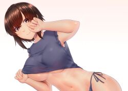 Rule 34 | 1girl, a mezashi, armpits, breasts, brown eyes, brown hair, closed mouth, clothes lift, curvy, dutch angle, gradient background, highres, large breasts, lifting own clothes, light smile, looking at viewer, navel, no bra, original, panties, purple panties, shirt lift, shirt tug, short hair, side-tie panties, sidelocks, simple background, smile, solo, tank top, underboob, underwear, white background