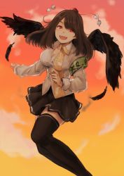Rule 34 | 1girl, armband, bad id, bad twitter id, black hair, black wings, breasts, collared shirt, feathers, hat, highres, koretsuki aduma, large breasts, long sleeves, open mouth, orange sky, pom pom (clothes), red eyes, shameimaru aya, shirt, skirt, sky, smile, solo, thighhighs, tokin hat, touhou, white shirt, wings, zettai ryouiki