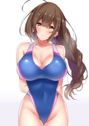 Rule 34 | 1girl, ahoge, arms behind back, bare shoulders, blue one-piece swimsuit, blush, braid, breasts, brown eyes, brown hair, cleavage, closed mouth, collarbone, commentary request, competition swimsuit, covered navel, highleg, highleg swimsuit, highres, idolmaster, idolmaster shiny colors, kuwayama chiyuki, large breasts, long braid, long hair, looking at viewer, one-piece swimsuit, sankakusui, simple background, single braid, smile, solo, swimsuit, white background