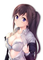 Rule 34 | 1girl, bad id, bad twitter id, black hair, black jacket, blazer, blouse, blue eyes, blush, bra, breasts, cleavage, closed mouth, clothes down, collarbone, collared shirt, frilled bra, frills, from side, hands up, head tilt, highres, jacket, large breasts, long hair, long sleeves, looking at viewer, one side up, open clothes, open jacket, open shirt, original, pasdar, school uniform, shadow, shirt, sidelocks, simple background, smile, solo, tareme, underwear, undressing, upper body, white background, white bra, white shirt