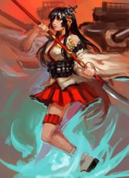 Rule 34 | 1girl, black hair, closed mouth, detached sleeves, fusou (kancolle), hair ornament, holding, holding weapon, inishie kumo, kantai collection, leg strap, long hair, looking at viewer, naginata, pleated skirt, polearm, red eyes, red skirt, sandals, skirt, socks, solo, standing, thigh strap, weapon, white socks, wide sleeves