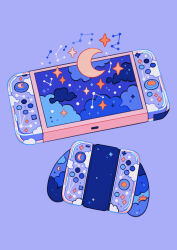 Rule 34 | absurdres, blue background, cloud, cloud print, cloudy sky, constellation, controller, crescent moon, handheld game console, highres, joy-con, meyoco, moon, nintendo switch, no humans, original, purple theme, simple background, sky, star (sky)
