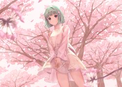 Rule 34 | 1girl, akira tooru, bare shoulders, blunt bangs, blurry, blurry foreground, blush, braid, brown eyes, cherry blossoms, closed mouth, commentary request, detached sleeves, dress, dutch angle, falling petals, floral print, flower, green hair, hair flower, hair ornament, highres, looking at viewer, original, outdoors, petals, pink dress, pink flower, revision, short hair, side braid, smile, solo, standing, tree, under tree