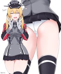 Rule 34 | 1girl, anchor, anchor hair ornament, ass, black skirt, black thighhighs, blonde hair, breasts, closed eyes, cross, crotch seam, double v, gloves, hair ornament, hat, highres, ibuki grunt, iron cross, kantai collection, long hair, low twintails, medium breasts, microskirt, military, military hat, military uniform, panties, pantyshot, peaked cap, pleated skirt, prinz eugen (kancolle), signature, simple background, skirt, smile, solo, thighhighs, twintails, twitter username, underwear, uniform, v, white background, white gloves
