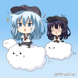 Rule 34 | 2girls, :3, akatsuki (kancolle), anchor symbol, black headwear, black legwear, black sailor collar, black skirt, blue background, blue eyes, blue hair, blush, chestnut mouth, chibi, closed mouth, cloud, commentary request, eighth note, flat cap, hat, hibiki (kancolle), kantai collection, long hair, long sleeves, mitya, multiple girls, musical note, neckerchief, o o, open mouth, pantyhose, parted lips, pleated skirt, purple hair, quarter note, red neckerchief, remodel (kantai collection), sailor collar, school uniform, serafuku, shirt, simple background, skirt, solid circle eyes, sweatdrop, teardrop, translation request, twitter username, very long hair, white shirt