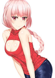Rule 34 | 1girl, absurdres, braid, breasts, center opening, cleavage, cleavage cutout, clothing cutout, dress, fate/grand order, fate (series), florence nightingale (fate), highres, large breasts, long hair, meme attire, open-chest sweater, pink hair, red eyes, ribbed sweater, solo, sweater, sweater dress, watosu (watosu mama)
