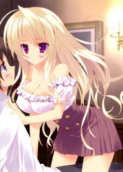 Rule 34 | 1boy, 1girl, absurdres, blonde hair, blush, breasts, brown hair, candlestand, cleavage, detached sleeves, covered erect nipples, highres, large breasts, long hair, off shoulder, picture frame, purple eyes, straddling, tsurusaki takahiro