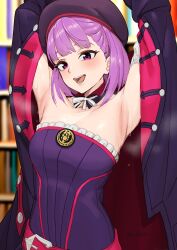 Rule 34 | 1girl, absurdres, armpits, arms up, bare shoulders, beret, black dress, breasts, commission, cowboy shot, detached collar, dress, fate/grand order, fate (series), flat chest, hat, helena blavatsky (fate), highres, jacket, kirinkirin, looking at viewer, non-web source, purple eyes, purple hair, short hair, small breasts, smile, solo, steam, strapless, sweat