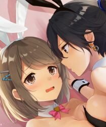 Rule 34 | 2girls, animal ears, azuki yui, bare shoulders, black eyes, black hair, black leotard, bow, bowtie, breast press, breasts, brown eyes, brown hair, collar, copyright request, detached collar, earrings, fake animal ears, hair between eyes, hair ornament, hairclip, heart, jewelry, kabedon, leotard, medium breasts, multiple girls, open mouth, pink bow, pink bowtie, playboy bunny, rabbit ears, short hair, symmetrical docking, tearing up, white collar, white wrist cuffs, wrist cuffs