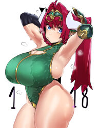 Rule 34 | 1girl, ahoge, armpits, arms behind head, biceps, black gloves, blue eyes, breasts, character request, circlet, cleavage, cleavage cutout, clothing cutout, dated, dragon horns, ear covers, elbow gloves, elbow pads, fang, fat rolls, gen&#039;en (sioherashi), gloves, green leotard, hair intakes, highleg, highleg leotard, horns, huge breasts, leotard, long hair, looking at viewer, original, pointy ears, ponytail, red hair, shortstack, single elbow pad, skin fang, skindentation, solo, sweat, thick thighs, thighs, white horns
