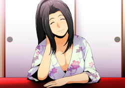 Rule 34 | 1girl, black hair, breast rest, breasts, cleavage, closed mouth, closed eyes, fatal fury, greco roman (spiral brain), happy, head rest, head tilt, high ponytail, highres, indoors, japanese clothes, kimono, large breasts, long hair, ponytail, shiranui mai, sitting, sleeves rolled up, smile, snk, solo, table, the king of fighters, upper body