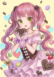 Rule 34 | 1girl, :d, ama-tou, bare shoulders, blunt bangs, blush, bow, candy, checkerboard cookie, chocolate, chocolate heart, collarbone, commentary, cookie, corset, cowboy shot, detached sleeves, dress, eyelashes, fang, food, frilled sleeves, frills, fruit, gloves, hair ornament, heart, heart background, holding, holding food, long hair, looking at viewer, macaron, open mouth, original, pink hair, puffy short sleeves, puffy sleeves, rabbit, ribbon, short sleeves, smile, solo, strawberry, sweets, twintails, underbust, valentine, very long hair, wavy hair, yellow background, yellow eyes