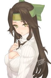 Rule 34 | 10s, 1girl, alternate costume, breasts, brown hair, cleavage, cleavage cutout, clothing cutout, dated, hand on own chest, headband, jintsuu (kancolle), jintsuu kai ni (kancolle), jpeg artifacts, kantai collection, large breasts, long hair, looking at viewer, meme attire, open-chest sweater, ribbed sweater, rokuwata tomoe, sidelocks, solo, sweater, turtleneck, twitter username, upper body, yellow eyes