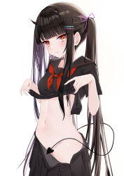 Rule 34 | 1girl, black sailor collar, black serafuku, black shirt, black skirt, blunt bangs, blush, breasts, brown hair, closed mouth, clothes lift, demon horns, demon tail, groin, hair ornament, hair ribbon, hairclip, highres, horns, lifted by self, lim (ramu), long hair, looking at viewer, navel, neckerchief, original, purple ribbon, red eyes, red neckerchief, ribbon, sailor collar, school uniform, serafuku, shirt, shirt lift, short sleeves, simple background, skirt, solo, stomach, tail, tail censor, very long hair, white background