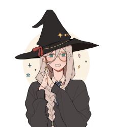 Rule 34 | 1girl, aia amare, aqua eyes, black hat, black sweater, blonde hair, blue necktie, blush, braid, collared shirt, commentary, glasses, grin, hair ornament, hat, highres, long hair, necktie, nijisanji, nijisanji en, round eyewear, shirt, simple background, single braid, smile, snowflake hair ornament, solo, sweater, symbol-only commentary, virtual youtuber, white background, white shirt, witch hat, yui (myuii23)