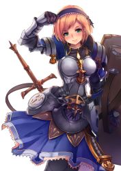 Rule 34 | 10s, 1girl, absurdres, alternate eye color, armor, armored dress, black pantyhose, blonde hair, blue dress, blush, closed mouth, djeeta (granblue fantasy), dress, fortress (granblue fantasy), gauntlets, gloves, granblue fantasy, green eyes, hamidashi-kun, highres, looking at viewer, pantyhose, purple gloves, sheath, shield, short hair, simple background, smile, solo, sword, weapon, white background