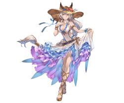Rule 34 | 10s, 1girl, animal ears, armlet, bracelet, braid, breasts, brown eyes, cleavage, ears through headwear, erune, flower, full body, granblue fantasy, hand on own chest, hat, heles, heles (summer) (granblue fantasy), jewelry, light purple hair, long hair, minaba hideo, official art, one-piece swimsuit, sandals, see-through, skirt, smile, solo, standing, sun hat, swimsuit, transparent background, very long hair