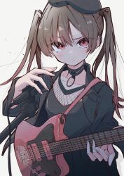 1girl absurdres aomoringo beret black_choker black_dress black_hat black_jacket bocchi_the_rock! breasts choker cleavage dress electric_guitar flat_chest guitar hat highres holding instrument jacket long_hair microphone multicolored_hair music ootsuki_yoyoko playing_instrument red_eyes red_hair sidelocks solo