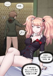 1boy 1girl :o ;) ahoge ass bed black_bra black_shirt blonde_hair bottomless bra breasts brown_hair cleavage collarbone crossed_legs danganronpa:_trigger_happy_havoc danganronpa_(series) enoshima_junko eye_contact from_behind grin highres holding holding_jacket holding_unworn_clothes jacket large_breasts looking_at_another maggea22 naegi_makoto nail_polish one_eye_closed pussy red_nails shirt short_hair sideways_glance sitting smile speech_bubble spread_legs standing teeth translation_request twintails underwear