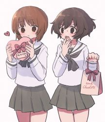 Rule 34 | 2girls, akiyama yukari, bag, black neckerchief, blouse, blush, bow, bowtie, box, brown eyes, brown hair, closed mouth, commentary, cursive, english text, frown, gift, girls und panzer, green skirt, hand to own mouth, heart, heart-shaped box, highres, holding, holding gift, light frown, long sleeves, looking at another, messy hair, miniskirt, multiple girls, neckerchief, nishizumi miho, ooarai school uniform, open mouth, pleated skirt, red bow, red bowtie, ri (qrcode), sailor collar, school uniform, serafuku, shirt, shopping bag, short hair, side-by-side, simple background, skirt, standing, swept bangs, translated, white background, white sailor collar, white shirt, yuri