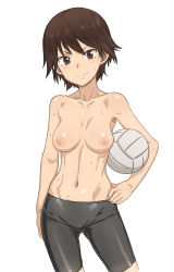 Rule 34 | 10s, 1girl, ball, bike shorts, black shorts, breasts, brown eyes, brown hair, collarbone, cowboy shot, duplicate, eyebrows, female focus, girls und panzer, hair between eyes, hand on own hip, holding, holding ball, isobe noriko, looking at viewer, matching hair/eyes, medium breasts, navel, nipples, non-web source, short hair, shorts, simple background, solo, sweat, tenchisouha, topless, volleyball (object), white background