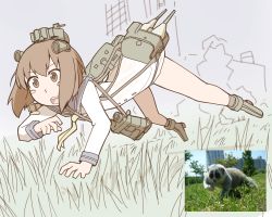 Rule 34 | 10s, 1girl, all fours, binoculars, building, cannon, grass, headgear, kantai collection, legs, nns (sobchan), photo inset, reference inset, reference photo, simple background, solo, uniform, yukikaze (kancolle)
