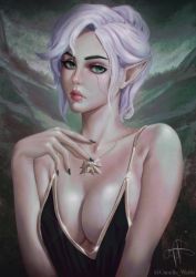 Rule 34 | 1girl, absurdres, alternate breast size, artist name, black dress, black nails, blonde hair, breasts, camille waifu, choker, ciri, cleavage, closed mouth, collarbone, dress, elf, eyelashes, gem, gold choker, green eyes, grey hair, highres, jewelry, large breasts, lips, looking at viewer, makeup, medium breasts, nail polish, necklace, open clothes, pointy ears, scar, short hair, signature, simple background, solo, the witcher (series), twitter username, wolf