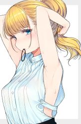 Rule 34 | 1girl, armpits, arms up, bare shoulders, blonde hair, blue eyes, blue shirt, blunt bangs, blush, breasts, buttons, clothing cutout, hair tie, long hair, looking at viewer, medium breasts, mole, mole on arm, mole under mouth, mouth hold, nekoume, no bra, original, ponytail, raised eyebrows, shirt, side cutout, sideboob, simple background, sleeveless, sleeveless shirt, solo, sweat, tying hair, upper body, white background