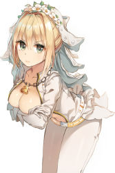 Rule 34 | 10s, 1girl, :|, belt, bent over, blonde hair, breasts, chain, cleavage, closed mouth, collarbone, covering privates, covering breasts, expressionless, eyebrows, fate/extra, fate/extra ccc, fate/grand order, fate (series), flower wreath, glint, green eyes, hair between eyes, hair intakes, head wreath, highres, jewelry, leaning forward, lock, long sleeves, looking at viewer, md5 mismatch, medium breasts, navel, necklace, nero claudius (bride) (fate), nero claudius (fate), nero claudius (fate) (all), no bra, open clothes, rurikoma, short hair, simple background, solo, standing, stomach, tsurime, underwear, veil, white background