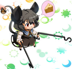 Rule 34 | 1girl, animal ears, bad id, bad pixiv id, basket, cheese, chibi, dowsing rod, dress, female focus, food, grey hair, im (badmasa), jewelry, mouse (animal), mouse ears, mouse tail, nazrin, necklace, orange eyes, pendant, short hair, smile, solo, tail, touhou, white background