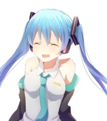 Rule 34 | 1girl, :d, ^ ^, aqua hair, bare shoulders, closed eyes, collared shirt, detached sleeves, harusawa, hatsune miku, headphones, necktie, open mouth, shirt, simple background, smile, solo, twintails, upper body, vocaloid, white background