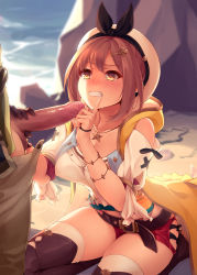 Rule 34 | 1boy, 1girl, atelier (series), atelier ryza, atelier ryza 1, belt, blush, boots, breasts, brown belt, brown eyes, brown footwear, brown gloves, brown hair, cleavage, collarbone, fang, flask, foreskin, gloved handjob, gloves, hair between eyes, hair ornament, hairclip, handjob, hat, hetero, highres, index finger raised, jacket, jewelry, large breasts, leather belt, lips, male pubic hair, necklace, outdoors, penis, pubic hair, red shorts, reisalin stout, ricegnat, round-bottom flask, seiza, short hair, short shorts, shorts, single glove, sitting, sleeveless, sleeveless jacket, solo focus, star (symbol), star necklace, sweat, teeth, test tube, thigh boots, thighhighs, thighs, uncensored, white headwear, white thighhighs, yellow jacket