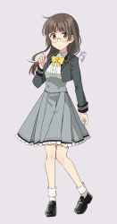 Rule 34 | 1girl, :o, black footwear, blush, bow, brown eyes, brown hair, center frills, cropped jacket, frills, full body, glasses, grey jacket, grey skirt, hand up, high-waist skirt, highres, jacket, loafers, long hair, long sleeves, looking at viewer, nekozuki yuki, open clothes, open jacket, original, parted lips, pleated skirt, purple background, school uniform, shirt, shoes, signature, simple background, skirt, socks, solo, standing, white shirt, white socks, yellow bow