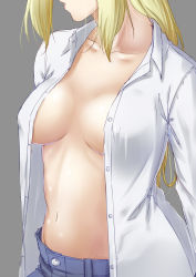Rule 34 | 1girl, blush, breasts, breasts apart, collarbone, collared shirt, denim, dress shirt, grey background, head out of frame, highres, jeans, long hair, long sleeves, medium breasts, navel, niwatazumi, no bra, open clothes, open mouth, open shirt, original, pants, shirt, sidelocks, simple background, sketch, solo, stomach, unbuttoned, unbuttoned shirt, upper body, white shirt, wing collar
