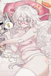 Rule 34 | 1girl, ahoge, bag of chips, blush, book, breasts, character request, chips (food), cleavage, closed mouth, collarbone, commentary request, copyright request, crumbs, dot nose, feet out of frame, food, food on face, gauze on arm, glasses, grey hair, hair between eyes, highres, hnmhneu, holding, holding book, large breasts, long hair, looking at viewer, lying, mole, mole on arm, muffin top, navel, on side, pillow, plump, potato chips, red-framed eyewear, semi-rimless eyewear, shadow, shoulder blush, sleeveless, solo, speech bubble, sweatdrop, thick thighs, thighhighs, thighs, translation request, under-rim eyewear
