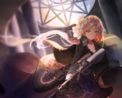 Rule 34 | 1girl, assault rifle, aug (girls&#039; frontline), black dress, boots, breasts, bullpup, character name, cleavage, closed mouth, collarbone, day, dress, expressionless, extended barrel, flat chest, floating hair, flower, girls&#039; frontline, gun, hair between eyes, hair flower, hair ornament, hair ribbon, highres, holding, holding gun, holding weapon, indoors, long hair, looking away, mole, mole under eye, one eye closed, orange eyes, rec.07, ribbon, rifle, scenery, sidelocks, solo, steyr aug, suppressor, thigh boots, thighhighs, thighs, very long hair, weapon, wind, wind lift, window